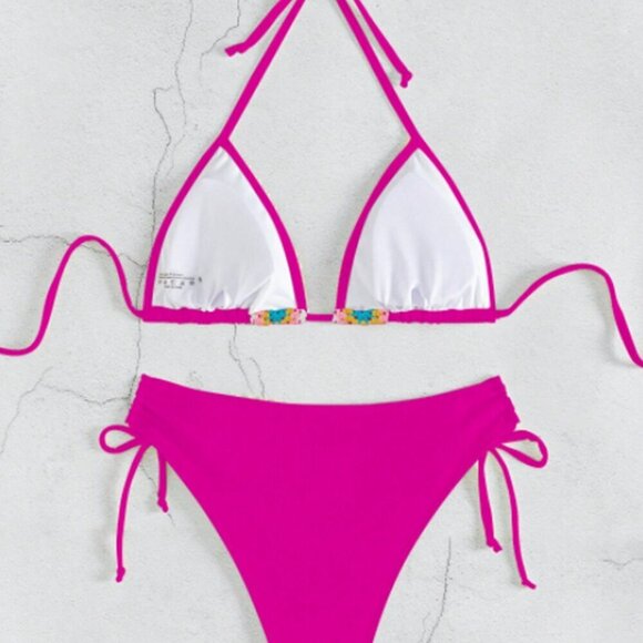 Hot Pink Women's Beach Holiday Floral Halter Bikini Set - Picture 6 of 8